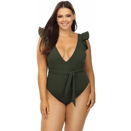 фото Стильный совместный купальник plus size с оборками, хаки, 90/44 lorin