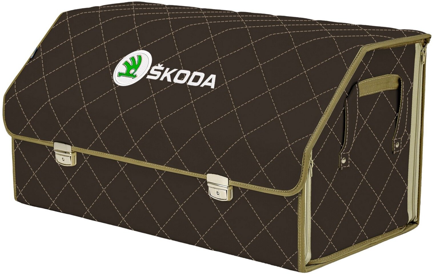 Органайзер-саквояж в багажник "Союз Премиум" (размер XL Plus). Цвет: коричневый с бежевой прострочкой Ромб и вышивкой Skoda (Шкода).