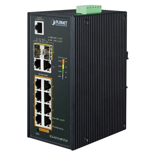 Planet IGS-4215-8P2T2S ip30 industrial l2 l4 4 port 10 100 1000t 802 3at poe 4 port 10 100 100t 2 port 100 1000x sfp managed switch 40 75 degrees c dual redundant power input on 48 56vdc terminal block snmpv3 802 1q vlan igmp snooping ssl ssh acl