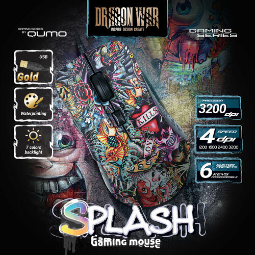 Мышь компьютерная игровая Qumo Splash M40, проводная, оптическая, 6 кноп, подсв. 7 цв, 1200/1600/2400/3200 dpi, waterprinting