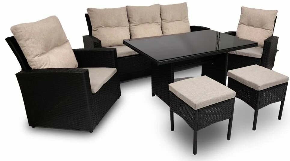 фото Комплект мебели из ротанга Соренто Premium+ (gray)/ Производство РФ. Комплект мебели для сада: обеденный стол, диван, 2 кресла, 2 пуфа, подушки в комплекте