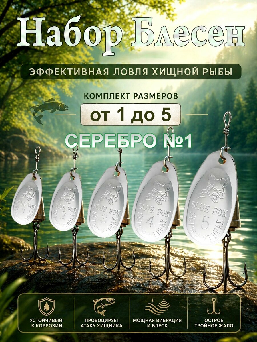 Блесна рыболовная вибровертушка на хищника серебро микс № 1, 5шт. №1-5.