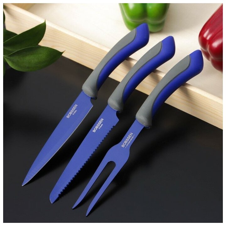 Набор кухонных принадлежностей Faded, 3 предмета: 2 ножа, вилка для мяса, цвет синий