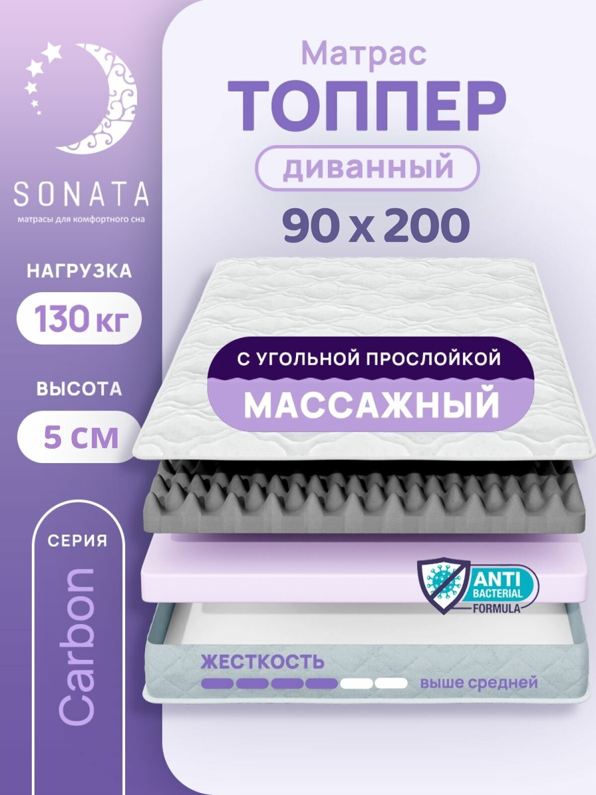Топпер матрас 90х200 см SONATA, ортопедический, беспружинный, односпальный, тонкий матрац для дивана, кровати, высота 5 см с массажным эффектом