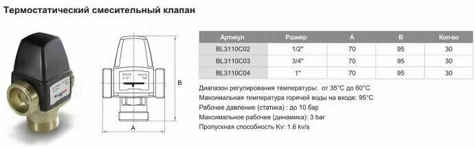 Трехходовойесительный клапан термостатический Tim BL3110C02 муфтовый (НР) Ду 15 (1/2") Kvs 12