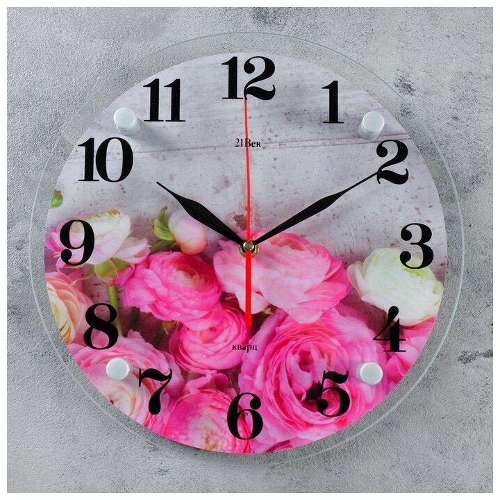Рубин Часы настенные, интерьерные: Цветы, "Розовые пионы", бесшумные, d-30 см