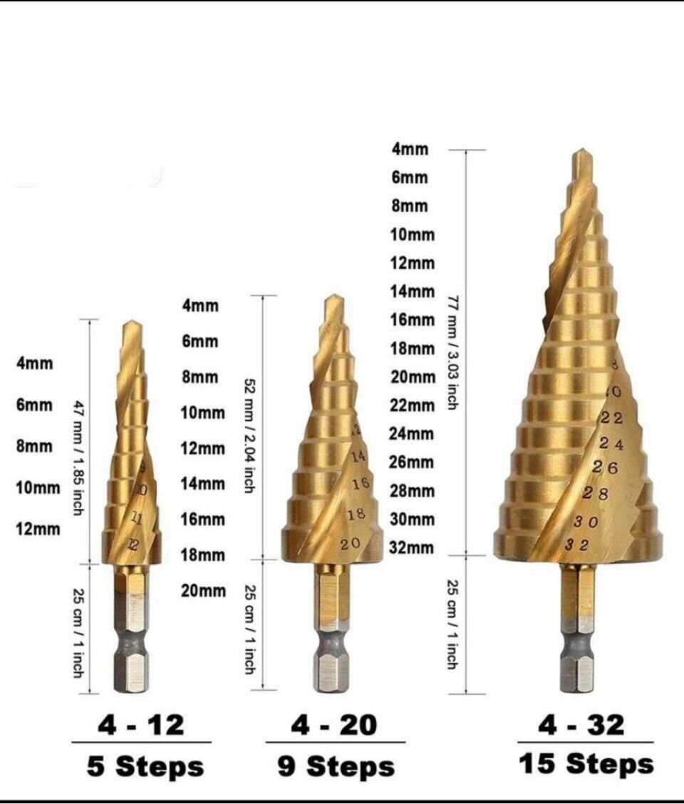 Набор ступенчатых сверл 3шт/ Сверла многоступенчатые 4-32 мм/4-20 мм/4-12 мм