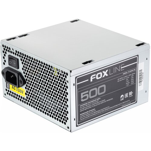 Блок питания Power Supply Foxline, 500W, ATX, APFC, 120FAN, CPU 8(4+4)pin, MB 24pin, PCI-E 6+2pin, 1*PATA, 3*SATA, 80+ computer motherboard atx power supply 24p to 90 degree connector atx 24pin female to 24pin male power plug adapter