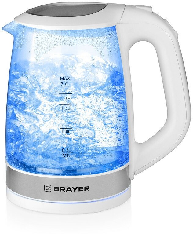 Электрический чайник BRAYER, 2 л, стекло, белый.