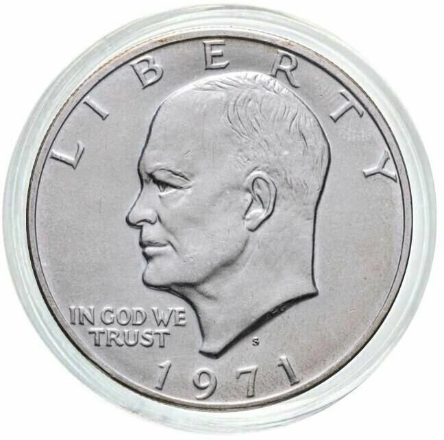 Монета из серебра 400 пробы (9,841 г.) в капсуле 1 доллар Эйзенхауэр. S. США, 1971 г. в. XF