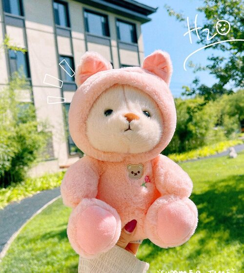Мягкая игрушка Плюшевый мишка в капюшоне, 25 см розовый  Медведь с капюшоном