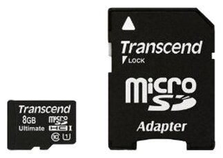 Карта памяти 8Gb MicroSD Transcend + SD адаптер (TS8GUSDHC10U1)