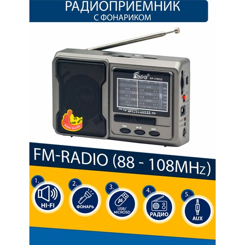 Радиоприемник EPE высокочувствительный AM FM SW с USB MicroSD и MP3 компактный с фонариком 105100₽