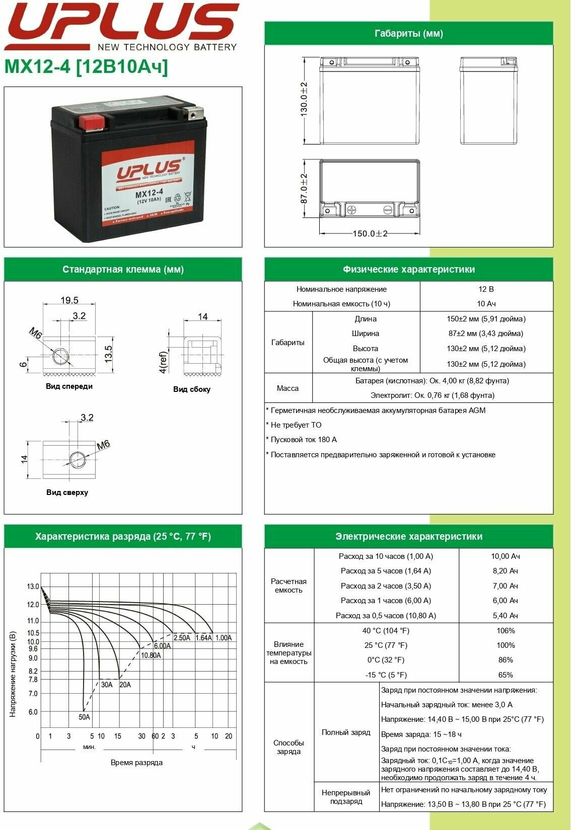 Мото аккумулятор стартерный Leoch UPLUS MX12-4 12V 10Ah прямая полярность 180А (YTX12-BS YTX12 CT 1212) AGM аккумулятор для мотоцикла квадроцикла