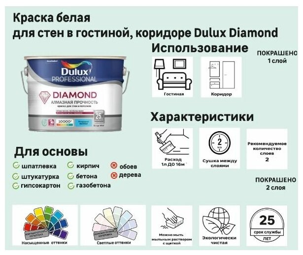 Краска Dulux diamond matt bs bw 5л - фото №3