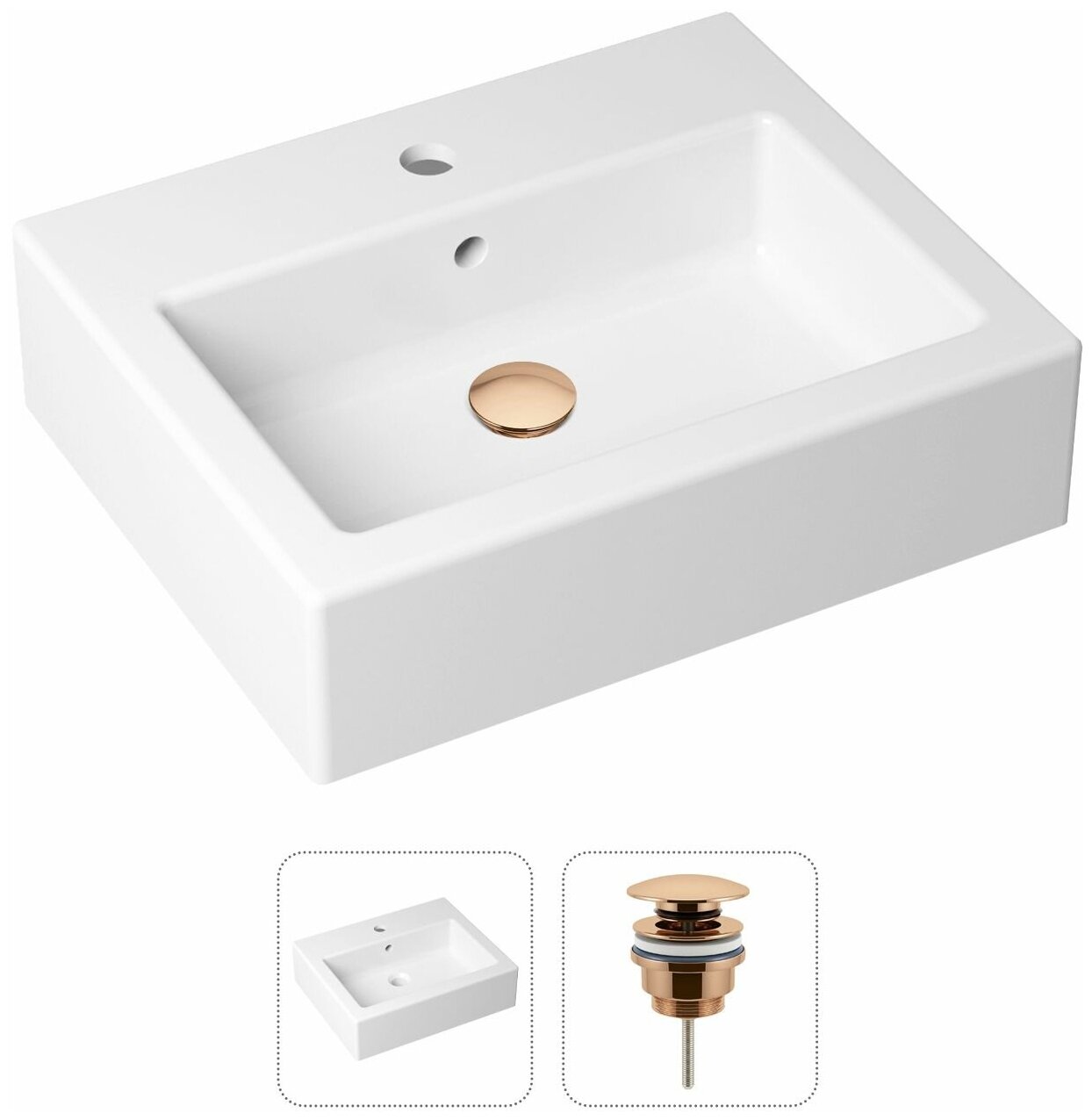 Накладная раковина в ванную Lavinia Boho Bathroom Sink 21520915 в комплекте 2 в 1: умывальник белый, донный клапан в цвете розовое золото