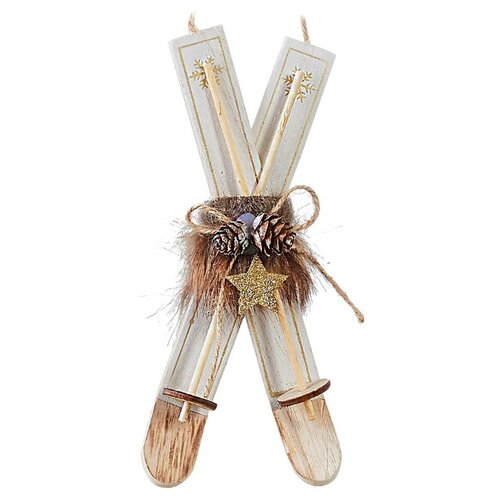 фото Деревянная ёлочная игрушка лыжи с шишками, белые, 19х8х3 см, edelman
