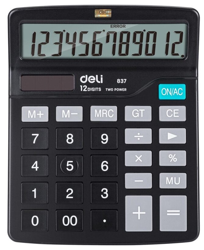Калькулятор настольный компак Deli E837,12р, дв. питание, 148x120мм, черный, 1 шт.