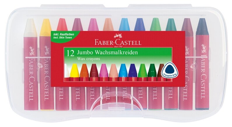 Мелки восковые утолщенные Faber-Castell "Jumbo", 12 цв, трехгранные, пластиковая упаковка