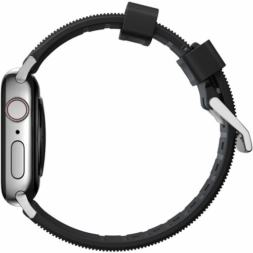 Спортивный ремешок Nomad Rugged Band для Apple Watch 42, 44, 45 и 49 мм (Чёрный, серебристая пряжка / Black, silver buckle)