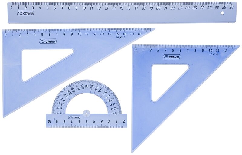 Набор чертежный большой СТАММ, (треугольник 2шт, линейка 30см, транспортир), прозрачный тонированный