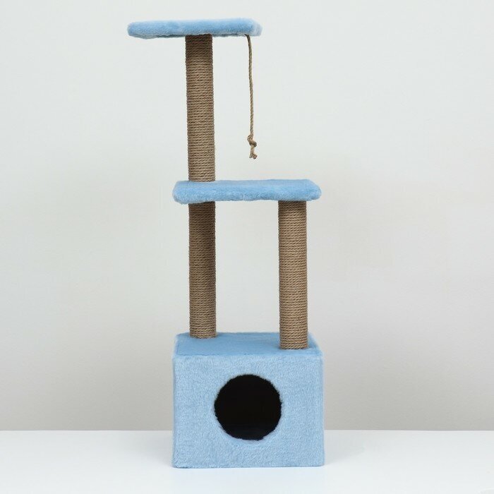 Домик для кошек с когтеточкой, с двумя полками, джут, 37 х 37 х 111 см, голубой - фотография № 2
