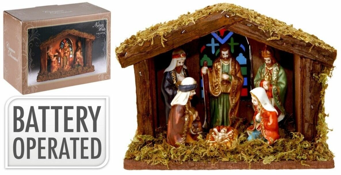 фото Рождественский вертеп поклонение волхвов, полистоун, дерево, подсветка, 20х15 см, на батарейках, Koopman International AAA107000