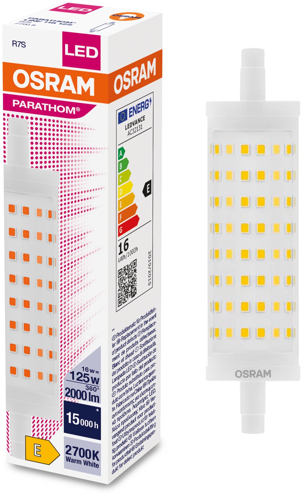 Лампочка светодиодная OSRAM Трубка линейная двухцокольная R7s 188mm R7s 16Вт 220В 2000Лм 2700К Теплый белый упаковка 1шт