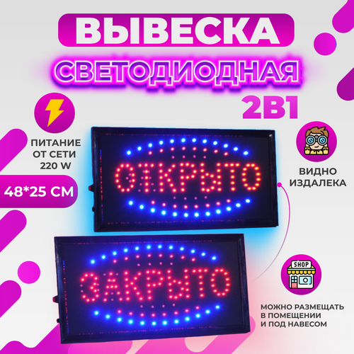 Светодиодная LED вывеска Открыто/Закрыто, 48х25 см