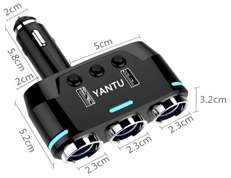 Разветвитель прикуривателя на 3 розетки 2 USB 3.1A