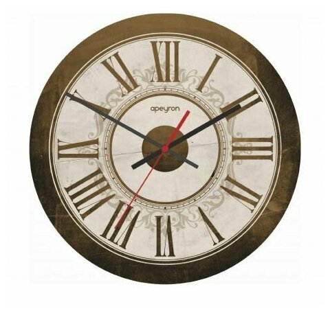 Настенные кварцевые часы с бесшумным механизмом на батарейке / Часы в форме круга Apeyron AС 1608516 для офиса, дома или дачи / Оригинальные круглые часы на стену с римскими цифрами, плавным ходом / коричневый, d-35 см