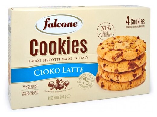 Печенье сахарное Cookies с молочным шоколадом "falcone" 200г - фотография № 1