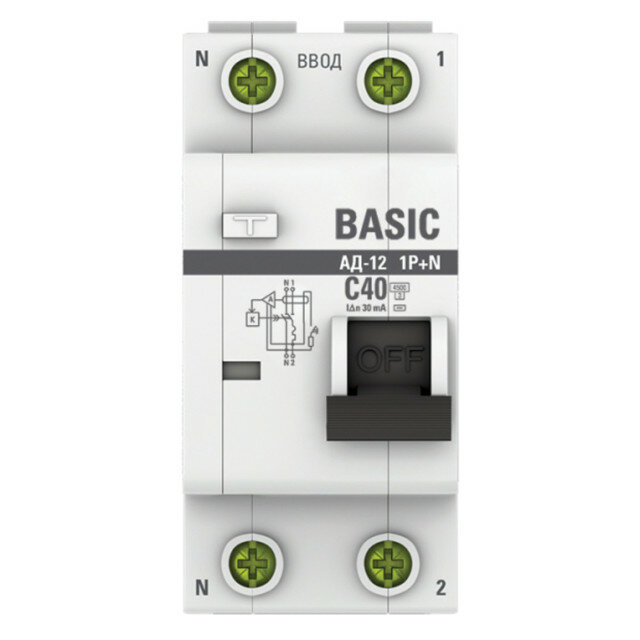 Выключатель дифференциального тока EKF Basic АД-12 1P+N 40А 30мА электронный тип АС C 4.5кА — фото 1