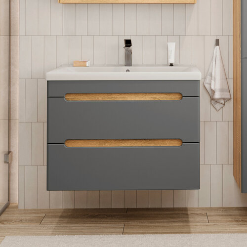 Изображение товара Тумба подвесная SanStar Diva 70 с раковиной Миранда 70 (комплект) для ванной комнаты, дуб вотан, графит софт