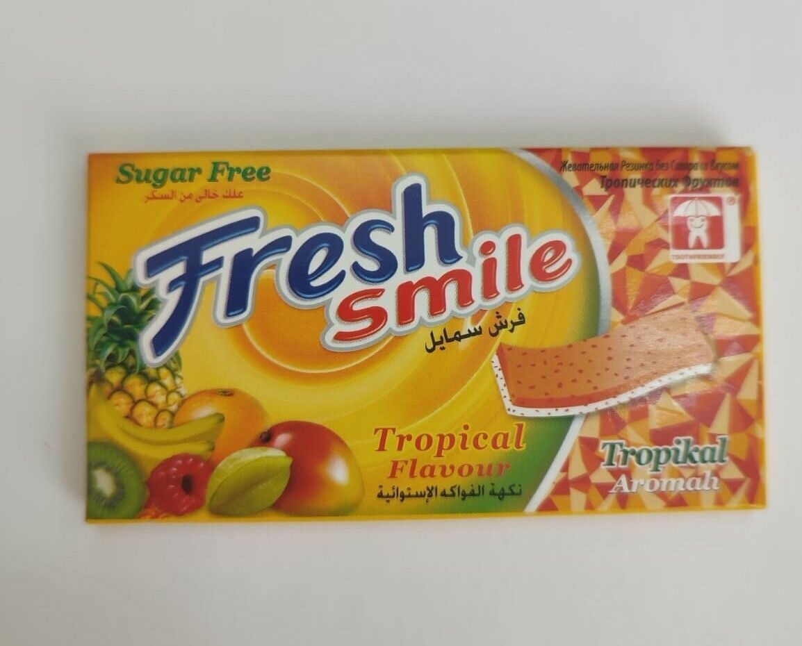 Жевательная резинка FRESH SMILE без сахара со вкусом тропических фруктов 14 г х 24 штуки - фотография № 3