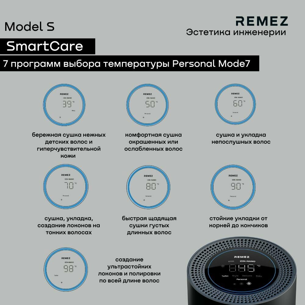 Фен-стайлер для волос профессиональный с насадками REMEZ Model S RMB-708B - фотография № 12