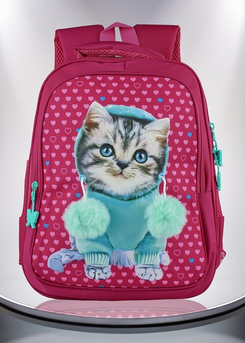 Школьный рюкзак для девочки с помпончиками Цвет фуксия