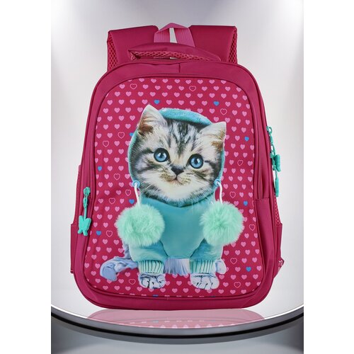 фото Школьный рюкзак для девочки с помпончиками цвет фуксия мама в теме