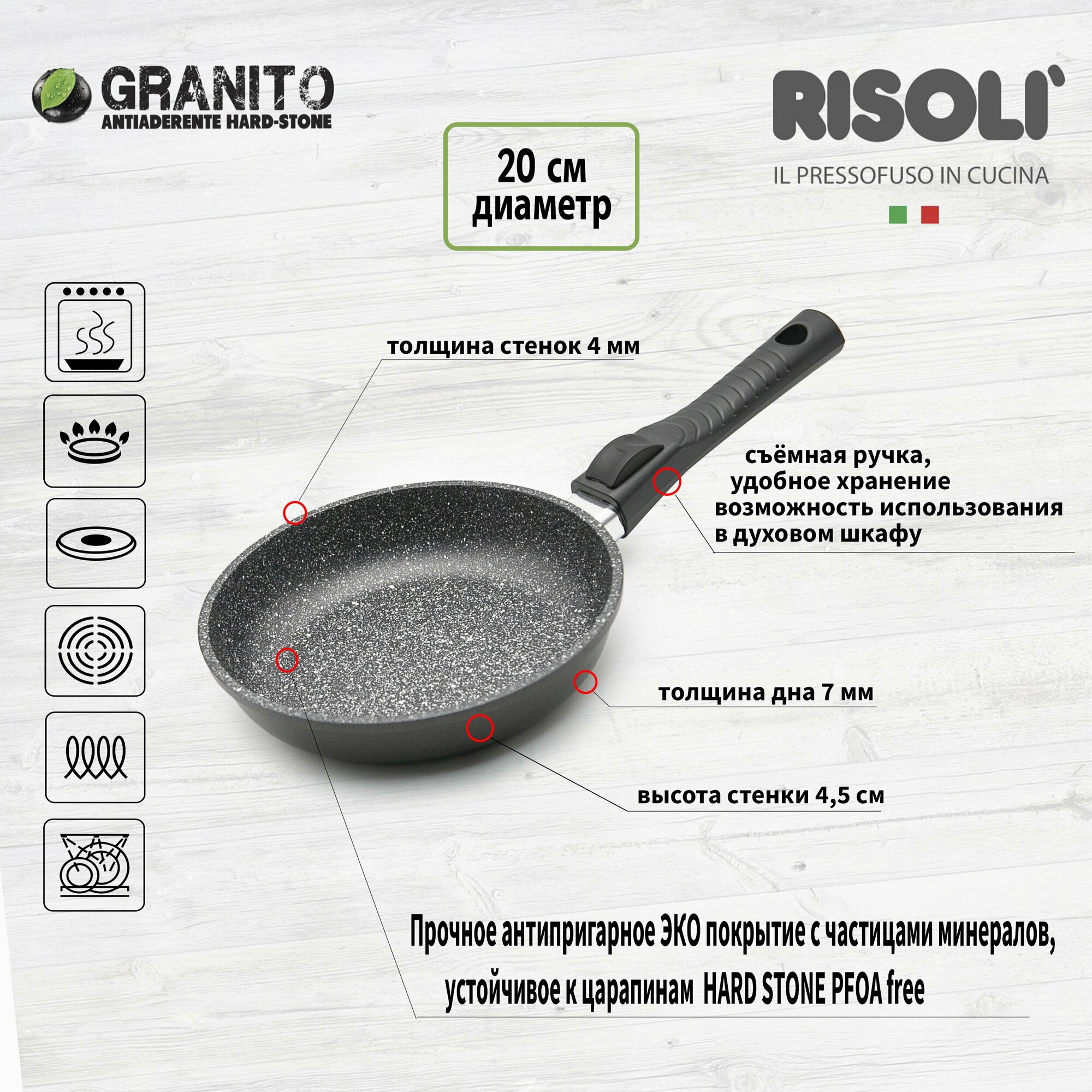 Сковорода индукционная со съемной ручкой Risoli Granito Premium Click, 20 см, антипригарное покрытие, литой алюминий, без крышки, Италия