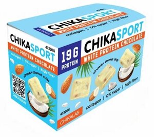 Фото CHIKA SPORT Протеиновый белый шоколад без сахара с миндалем и кокосовыми чипсами, 4шт по 10
