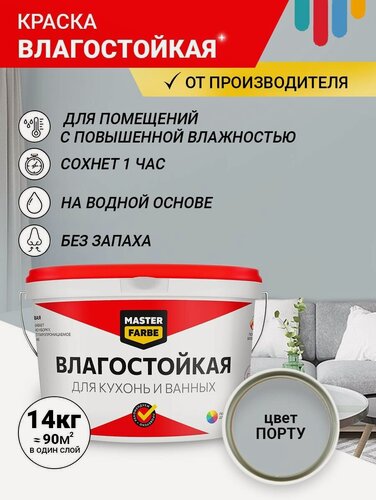 Изображение товара Краска акриловая влагостойкая для помещений с повышенной влажностью MASTER FARBE, серый, 14 кг