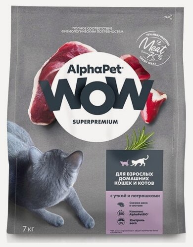 Изображение товара Корм сухой Alphapet WOW Superpremium полнорационный для взрослых кошек (с уткой и потрошками) 7 кг