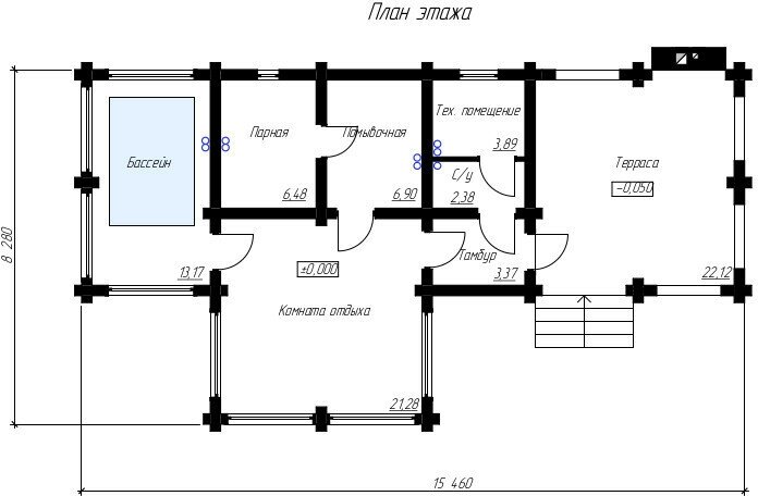 Проект - Одноэтажная баня с бассейном и террасой Rg5055 - фотография № 5