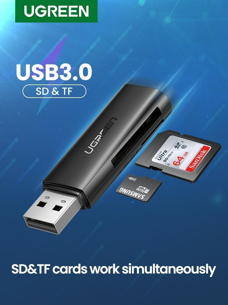 Карт-ридер UGREEN 60722 USB30 TF/SD черный