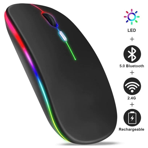 Беспроводная мышь аккумуляторная компьютерная / Bluetooth 5.0+2.4 /Wi-Fi / RGB подсветка / черный матовый