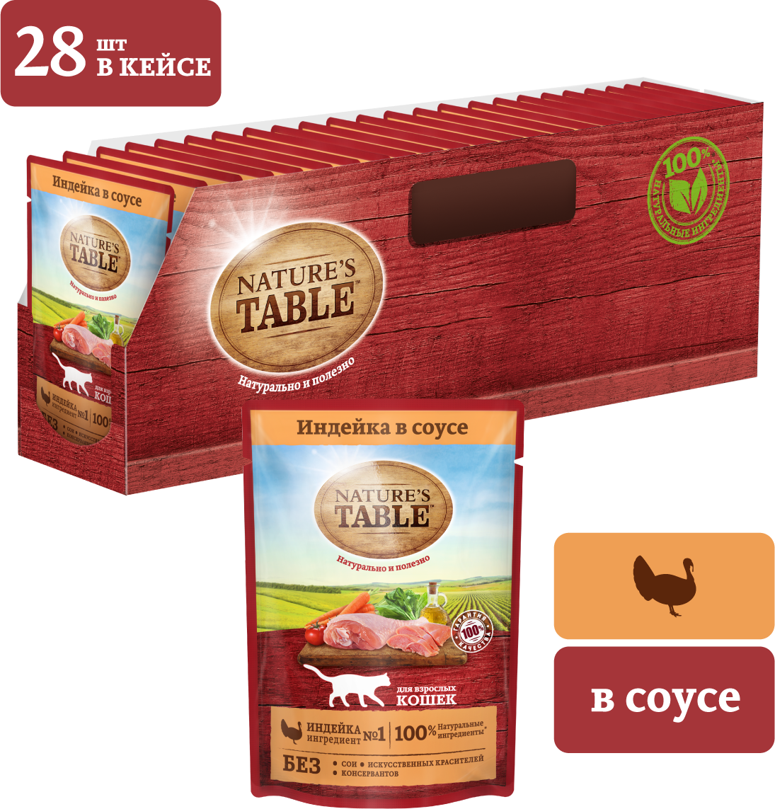 Влажный корм для кошек Nature's Table с индейкой 28 шт. х 85 г (кусочки в соусе)