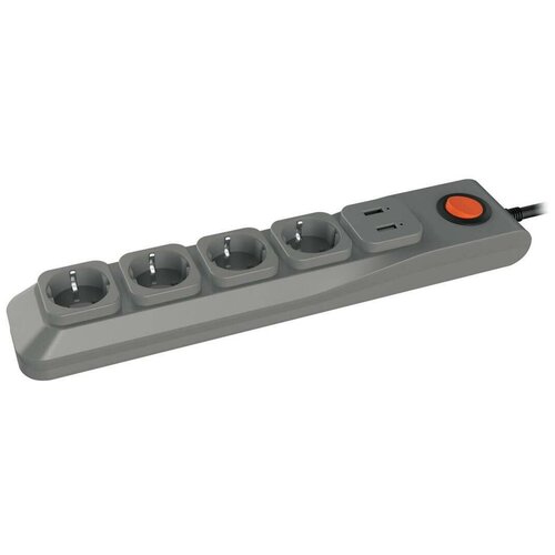 Сетевой фильтр Uniel Lux, 4 розетки, USB 2.1 А, 3 м, 10 А, 2500 Вт, ПВС 3х0.75, с з/к, серый
