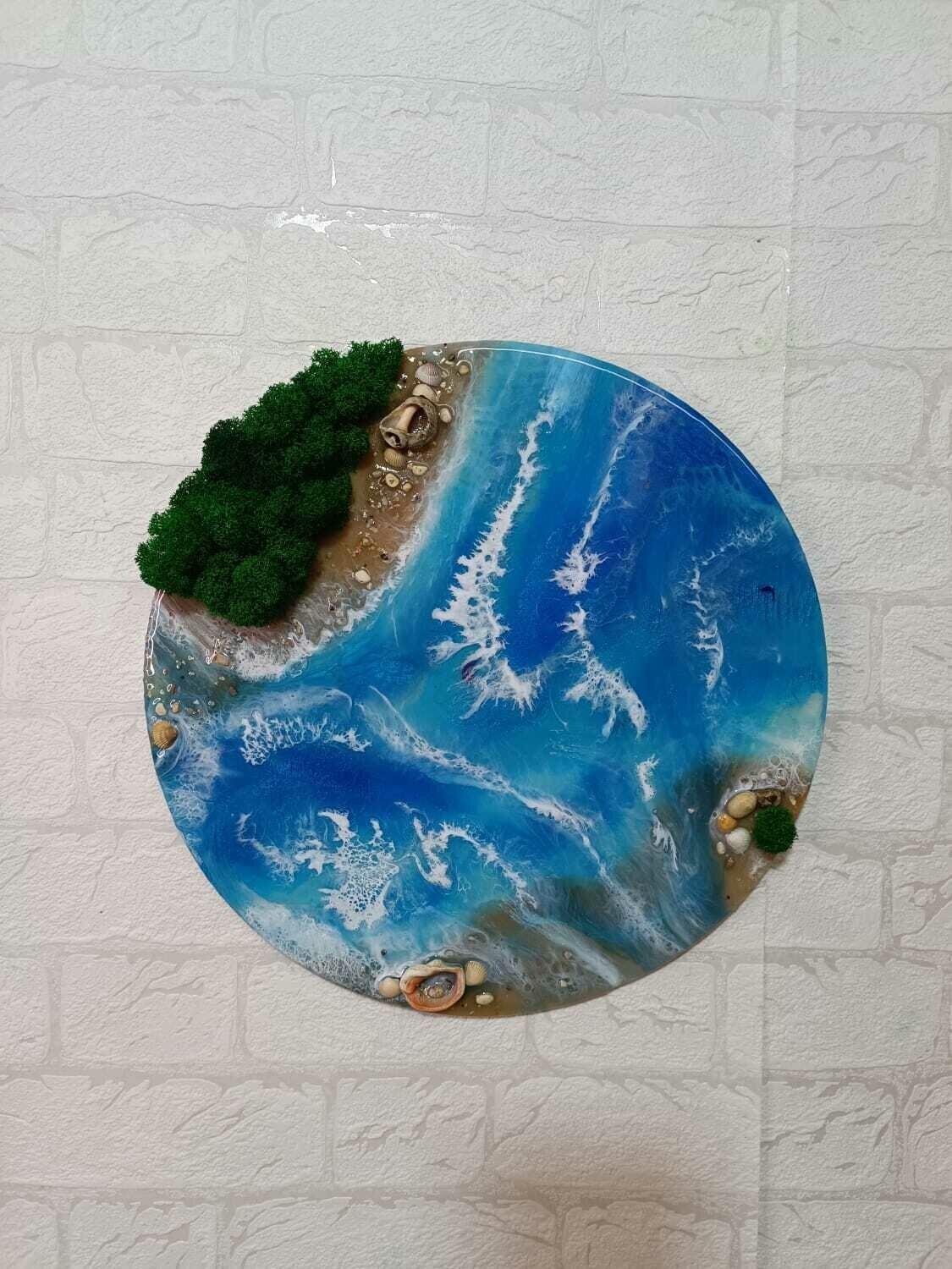 Картина "Море" из стабилизированного мха и смолы d35 см
