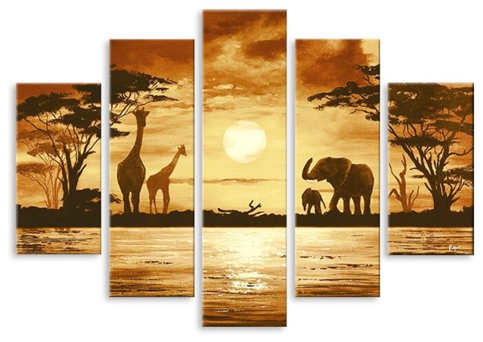 Модульная картина на холсте "Жирафы и слоны" 90x67 см