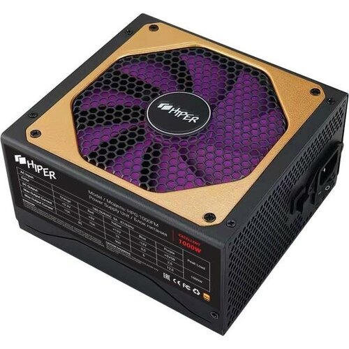 Блок питания для ПК 1000 Ватт/ PSU HIPER HPG-1000FM (1000W 80+Gold, 14cm Fan, 220V input, Efficiency 90%, Modular, Black) BOX